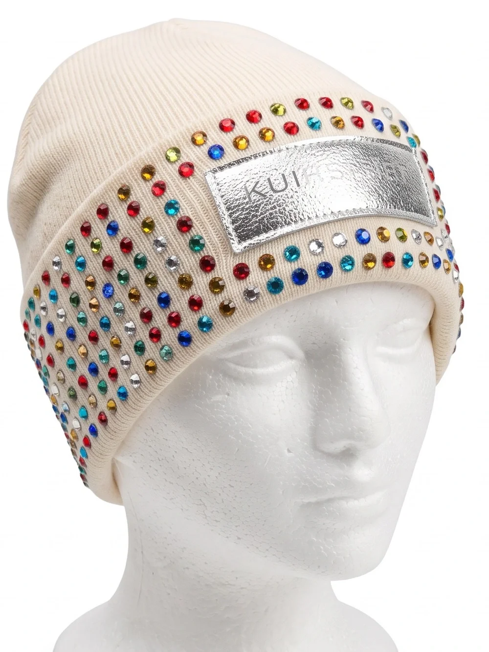 Kurt Geiger London Cream Rainbow Crystal Embellished Wool Blend Beanie NWOT